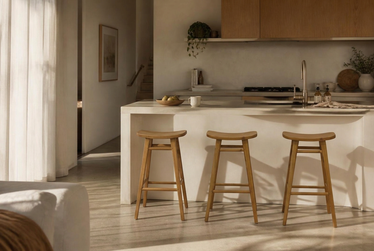 Warm minimal Melbourne kitchen styled with Aria caramel timber stools