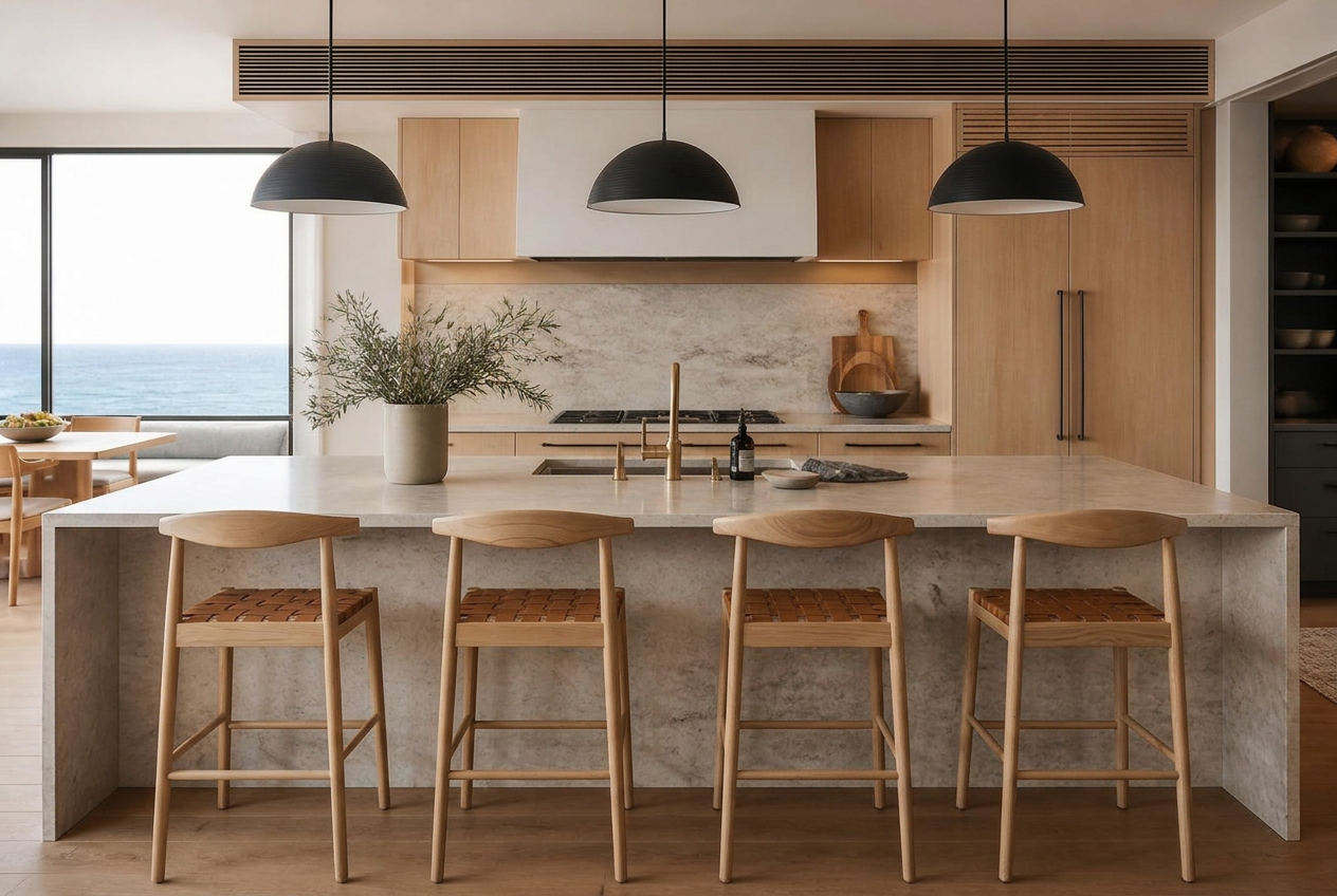 Coastal Australian kitchen styled with Kulani oak and woven leather stools